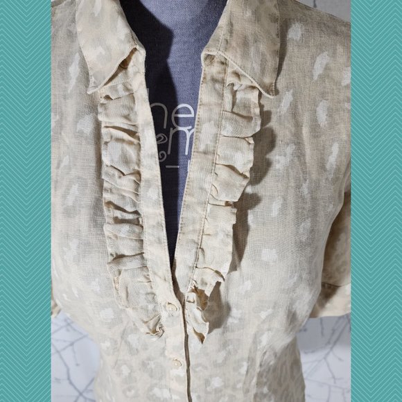 120% Lino Yellow Leopard Print Linen Ruffle Front Blouse - Picture 2 of 5